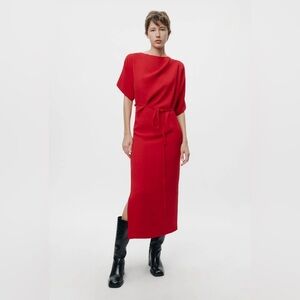 NWT Zara Red Midi Calf Length Belted Dress